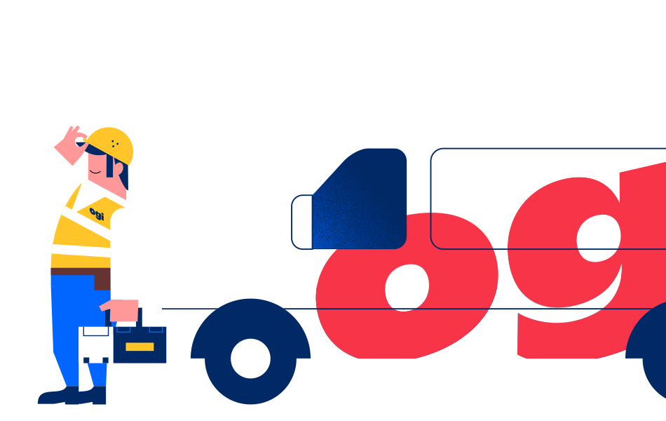 An Ogi engineer stood in front of an Ogi van, holding his toolbox and wearing hi vis and a helmet.